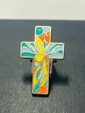 Enamel Cross Pin in Turquoise, Yellow & Orange